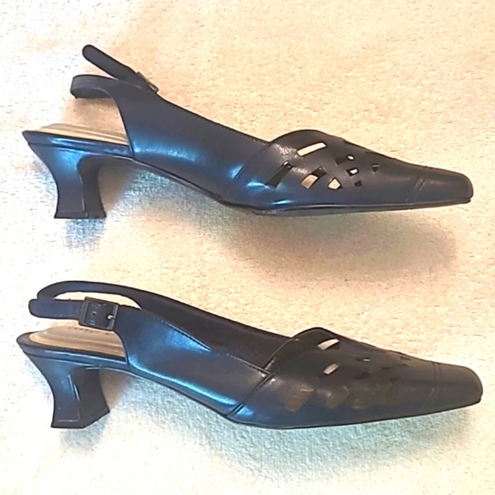 Easy Street Sling Back Heels Laser Cut Out Spool Kitten Heel Cushion Almond Toe
